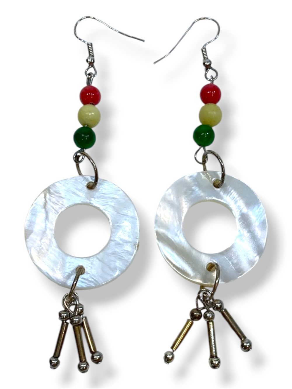 Bohemian Handmade Mother-of-Pearl Hoop Drop Earrings with Rasta color gemstone